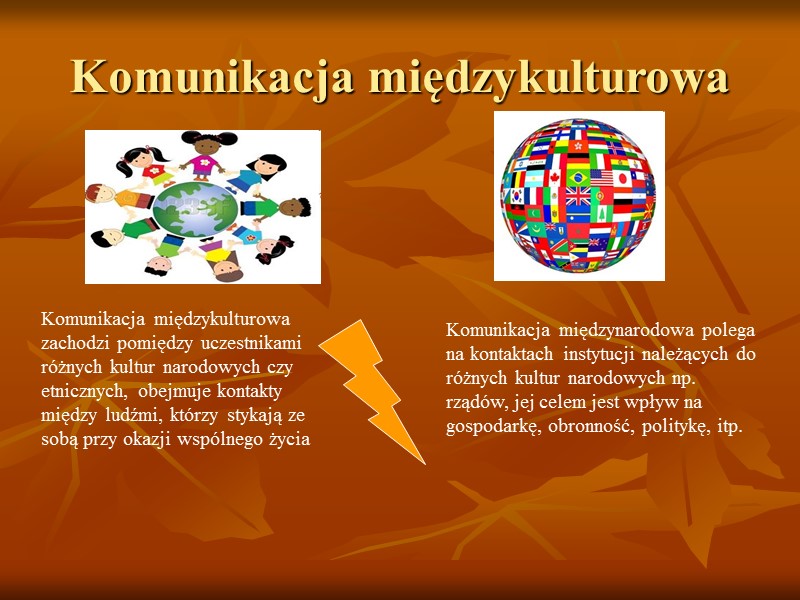 Komunikacja międzykulturowa Komunikacja międzykulturowa zachodzi pomiędzy uczestnikami różnych kultur narodowych czy etnicznych, obejmuje kontakty